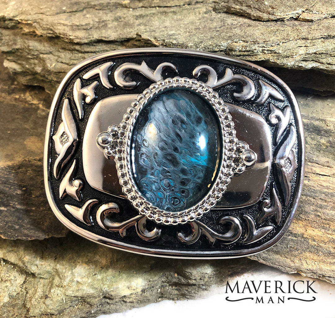 Handsome belt buckle with unusual turquoise and silver stone