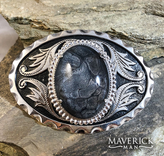 Fantastic filigree belt buckle with unusual black and platinum stone