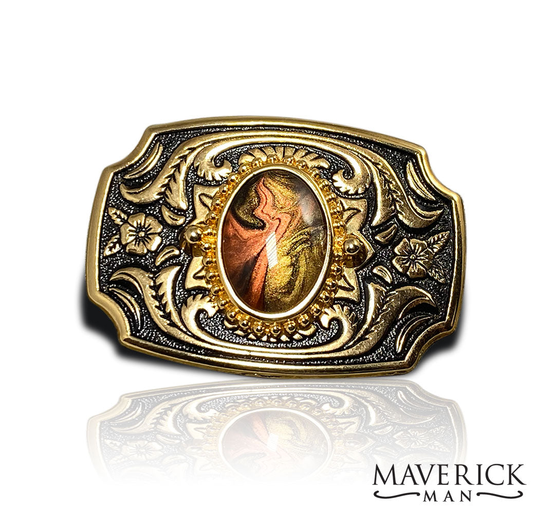Small gold and black belt buckle with hand painted tiger eye stone