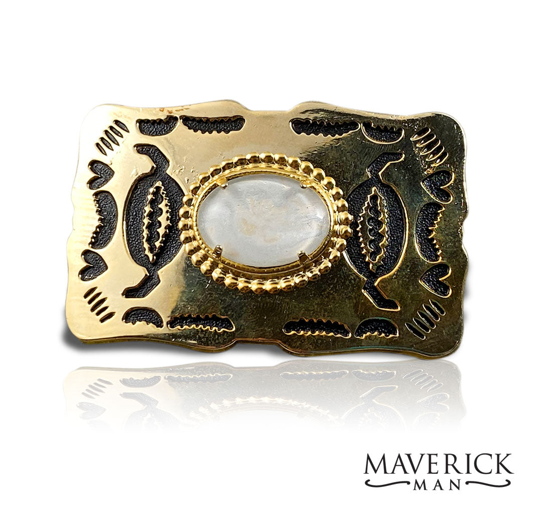 Gold belt buckle with hand painted pearl stone