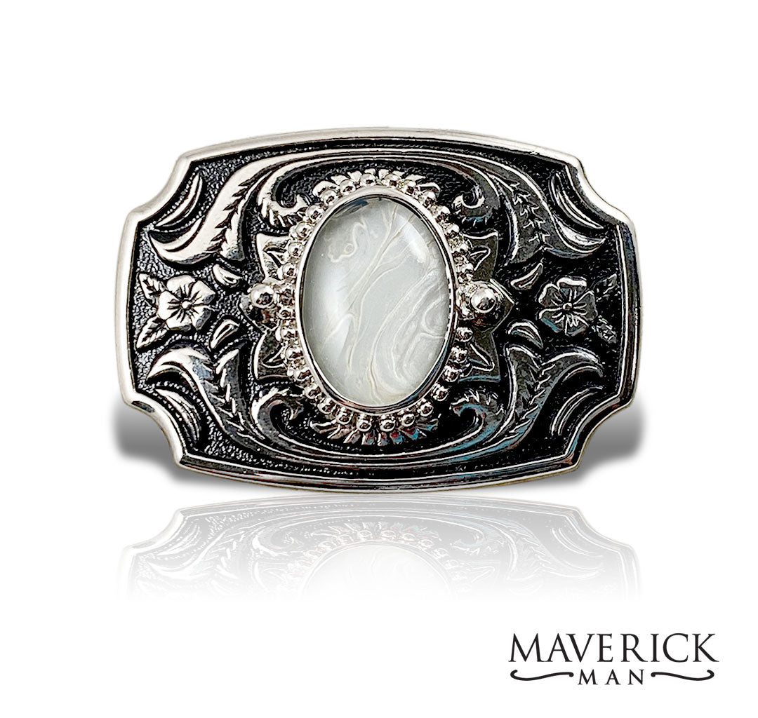 Small silver filigree belt buckle with hand painted pearl stone