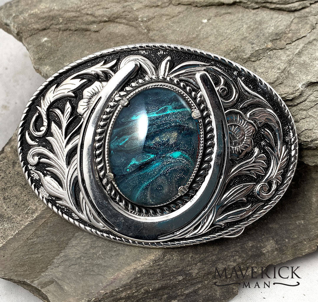 Large filigree belt buckle with hand painted stone in platinum and turquoise