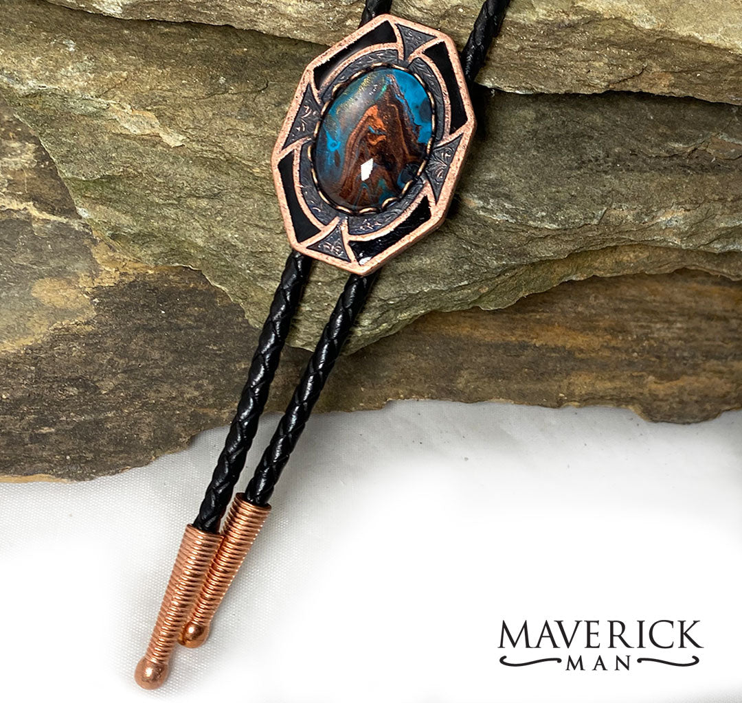 Dressy copper and black bolo with hand painted blue and copper stone