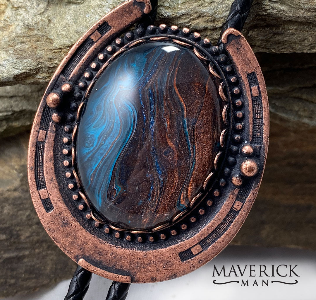 Large copper bolo w handpainted blue and copper stone