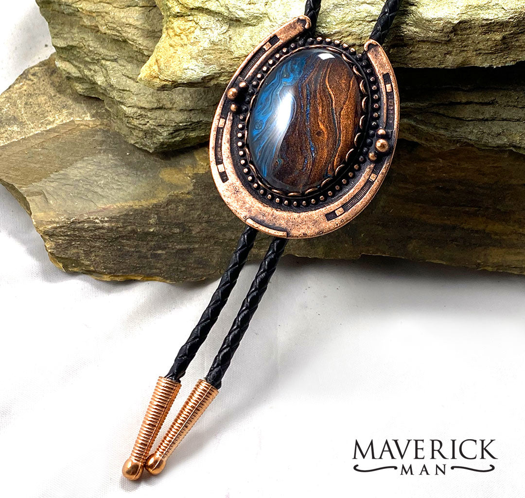 Large copper bolo w handpainted blue and copper stone