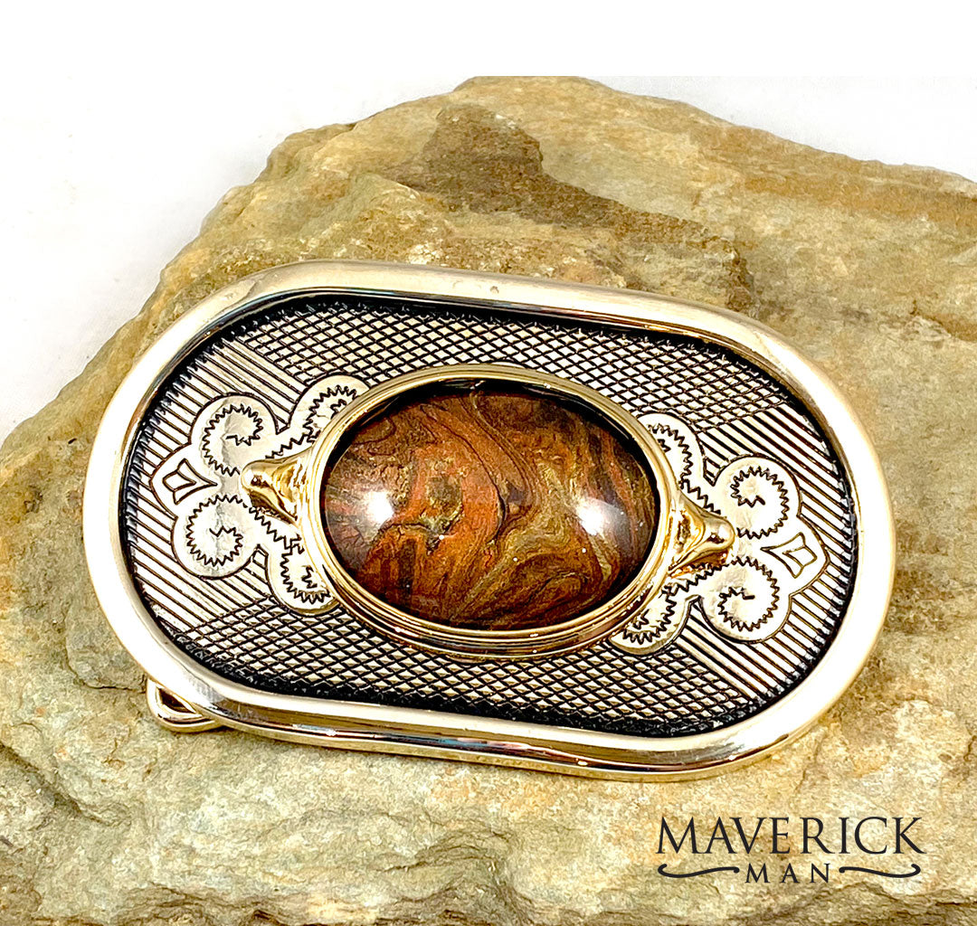 Vintage gold belt buckle with hand painted stone in metallic earthtones
