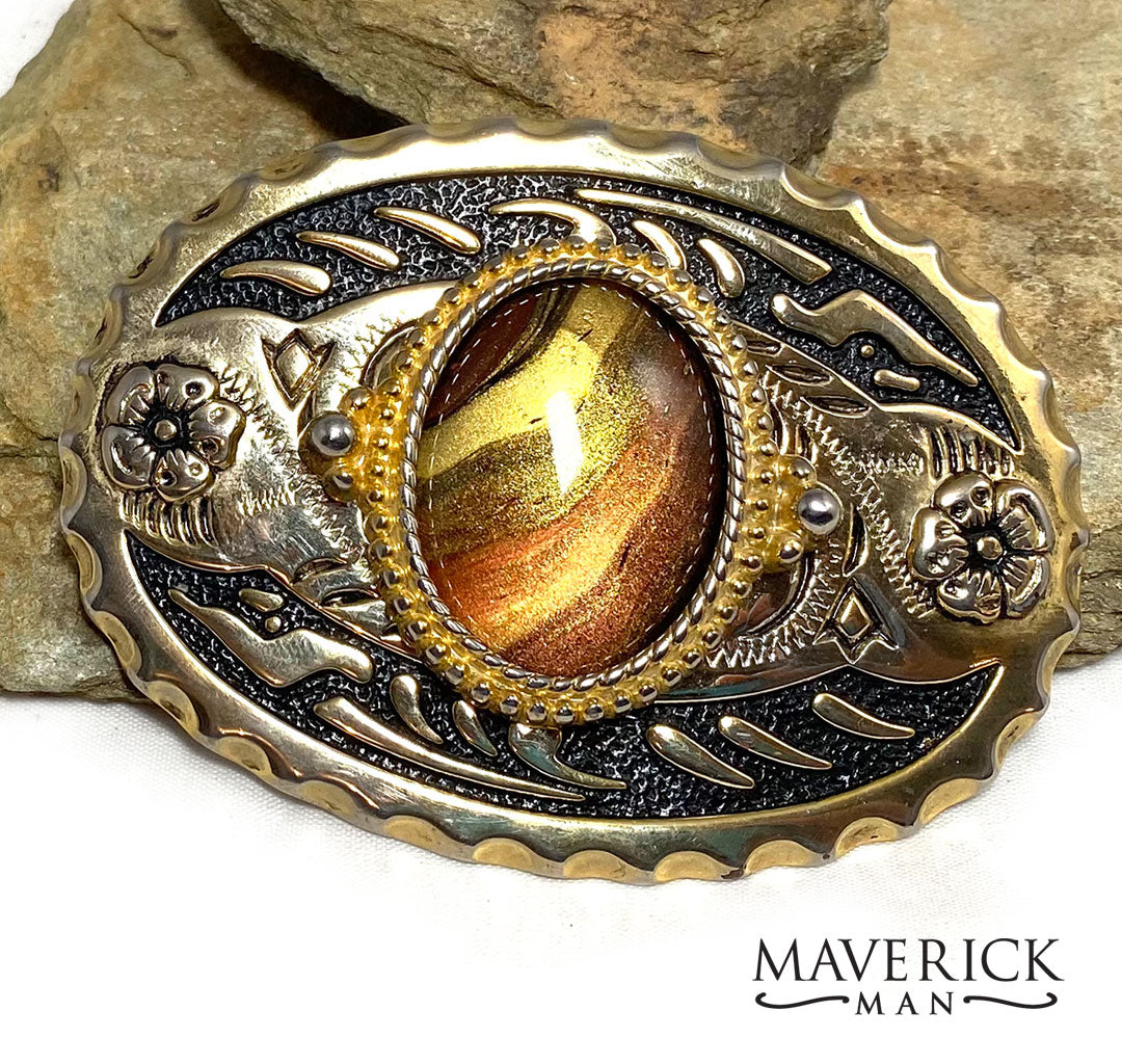 Large, gold belt buckle with hand painted Tiger Eye stone