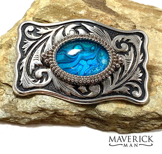 Large filigree belt buckle with Color Shift hand painted turquoise stone