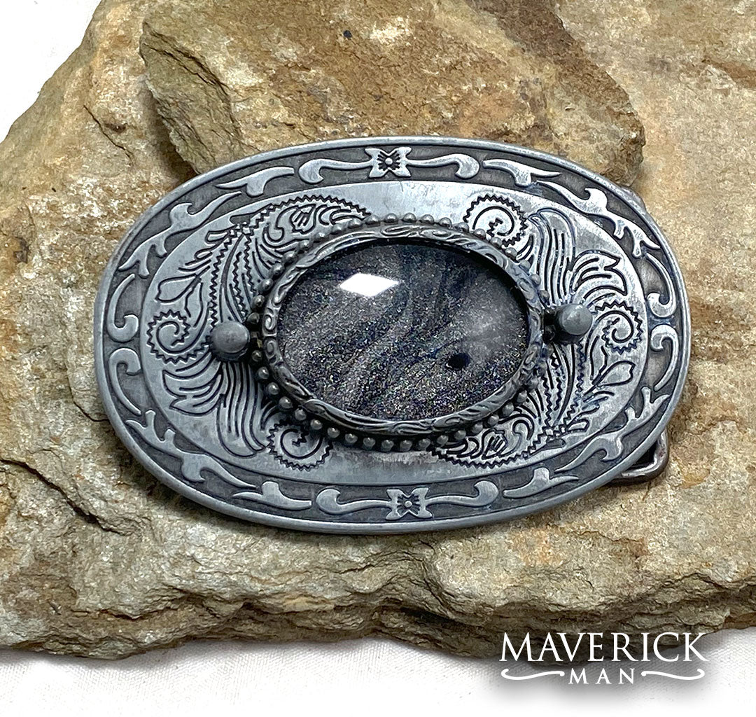VIntage matte belt buckle with hand painted black and platinum stone