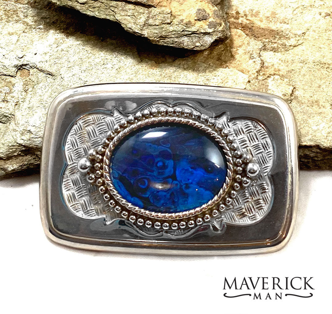 Vintage belt buckle with hand painted sapphire stone