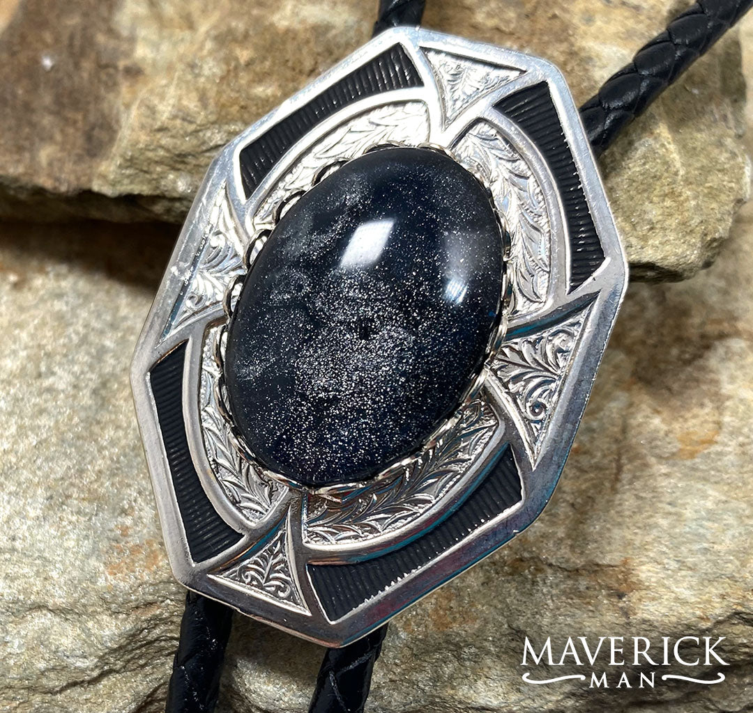 Unisex silver bolo with black and platinum hand painted stone