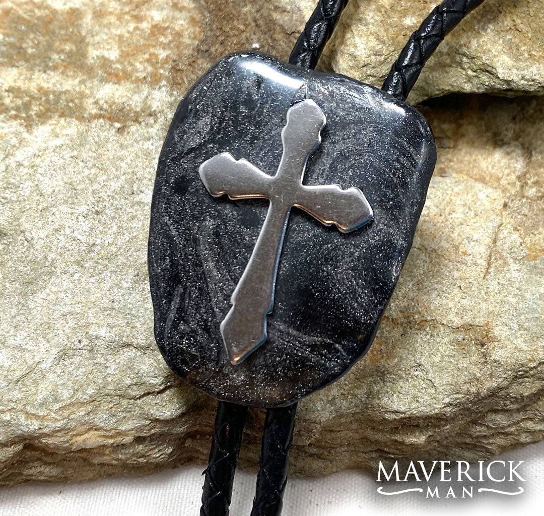 Unusual bolo made from slate with stainless steel cross
