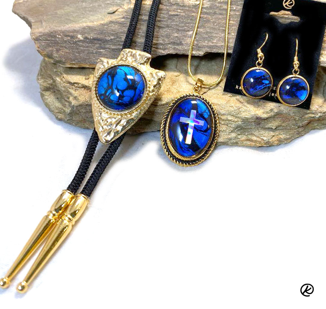 Handsome gold arrowhead bolo with sapphire blue hand painted stone - SET AVAILABLE