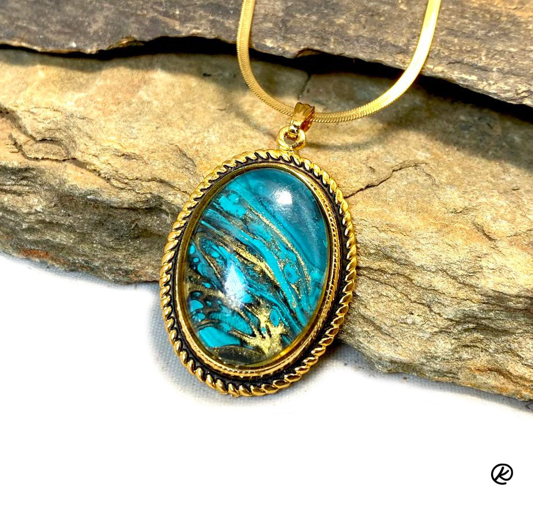 Gold triangular bolo with hand painted stone in turquoise and gold-SET AVAILABLE