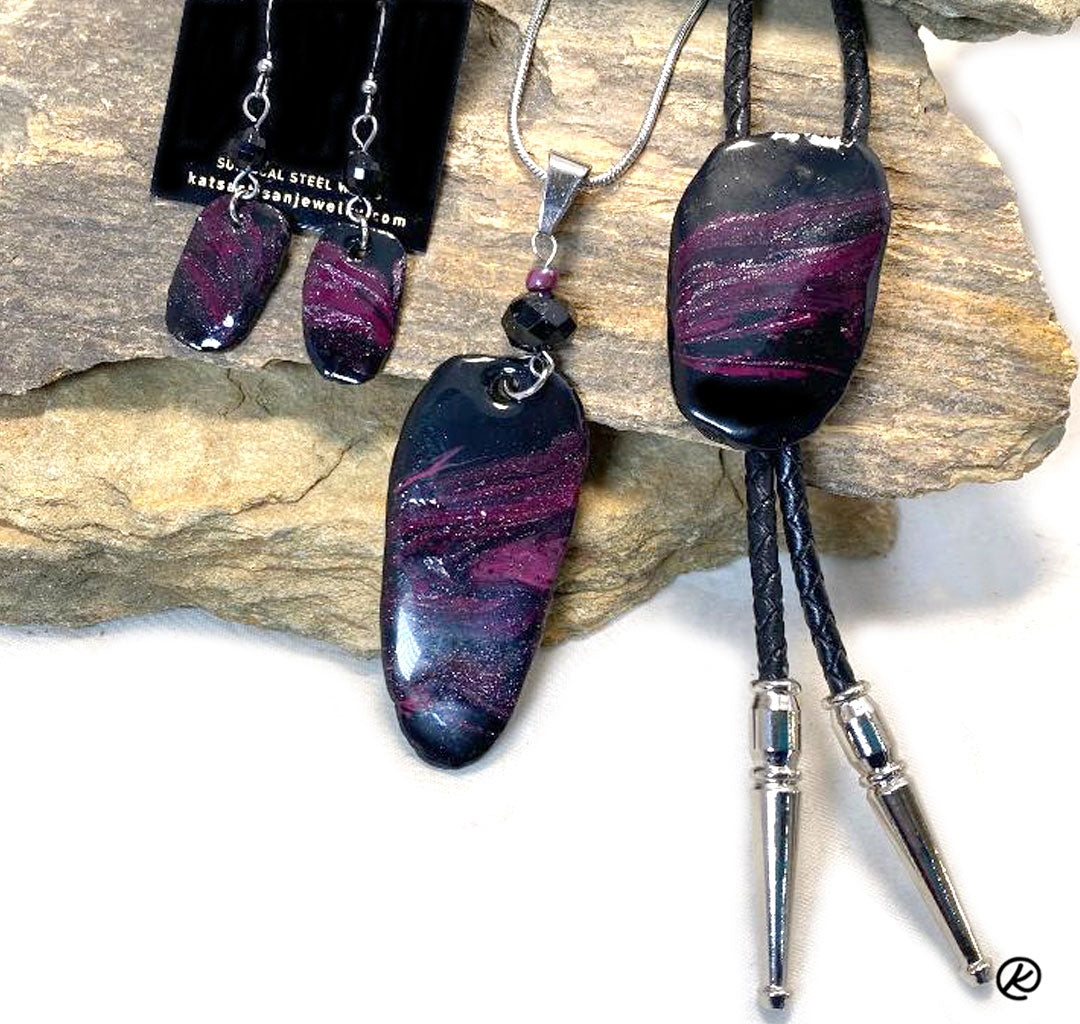 Dark Plum on black bolo made from slate with platinum accents - SET AVAILABLE