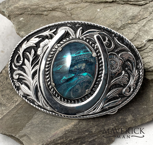 Large filigree western belt buckle with hand painted stone in platinum and turquoise